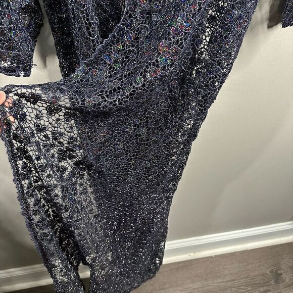 Open knit crochet sequin navy blue open front floor length duster cardigan jacke - Picture 7 of 9